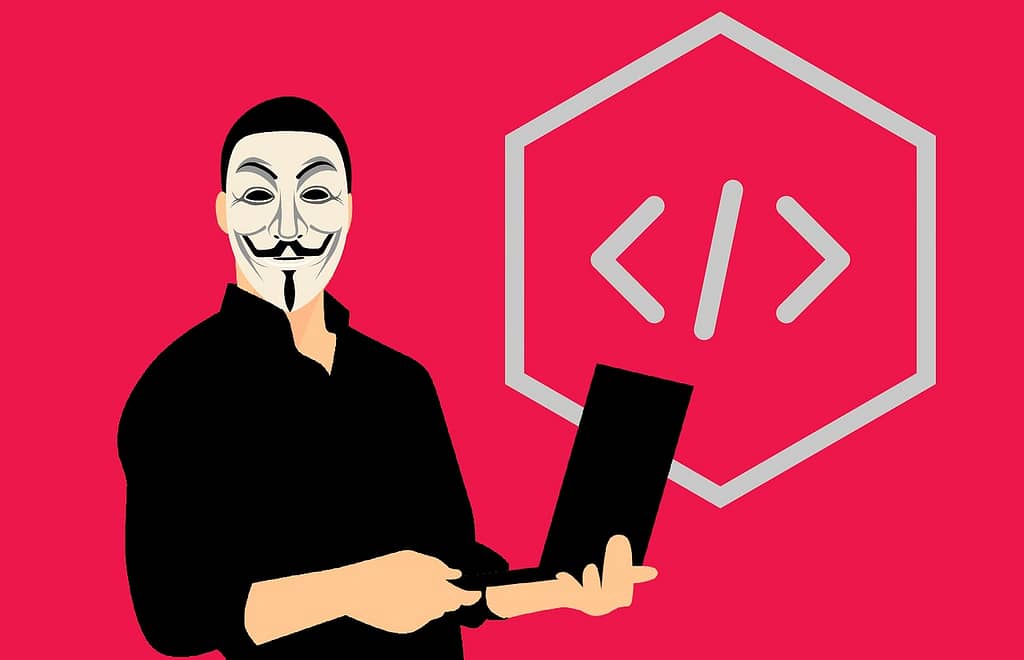 A man with an Anonymos mask holding a computer up to no ggod. A html-tag. Pink background.